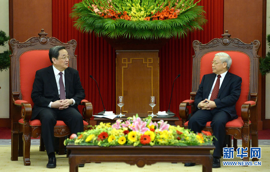 12月25日至27日，中共中央政治局常委、全國政協主席俞正聲對越南進行正式訪問。這是12月26日，俞正聲在河內會見越共中央總書記阮富仲。 新華社記者馬占成攝