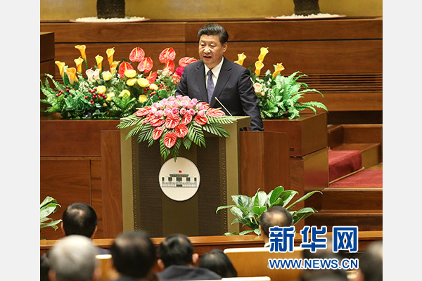 11月6日，中共中央總書記、國家主席習近平在越南國會發表題為《共同譜寫中越友好新篇章》的重要演講。 新華社記者 龐興雷 攝