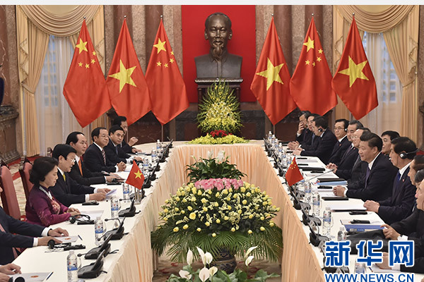 11月6日，中共中央總書記、國家主席習近平在河內同越南國家主席張晉創舉行會談。 新華社記者李濤攝